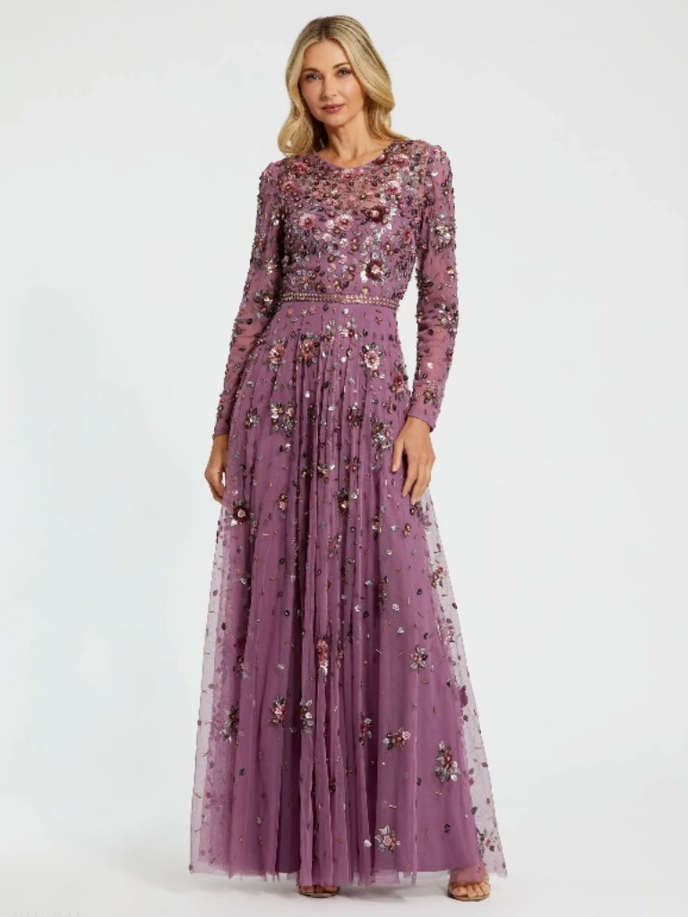 Mac Duggal Style #10063 Purple Long Sleeve High Neck Beaded Gown Size 18